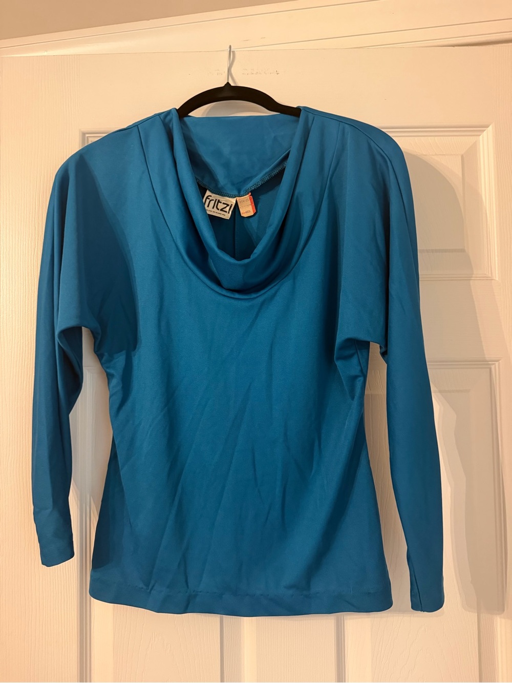 1970s Vintage Fritzi Cobalt Blue Cowl Neck Long Sleeve Top